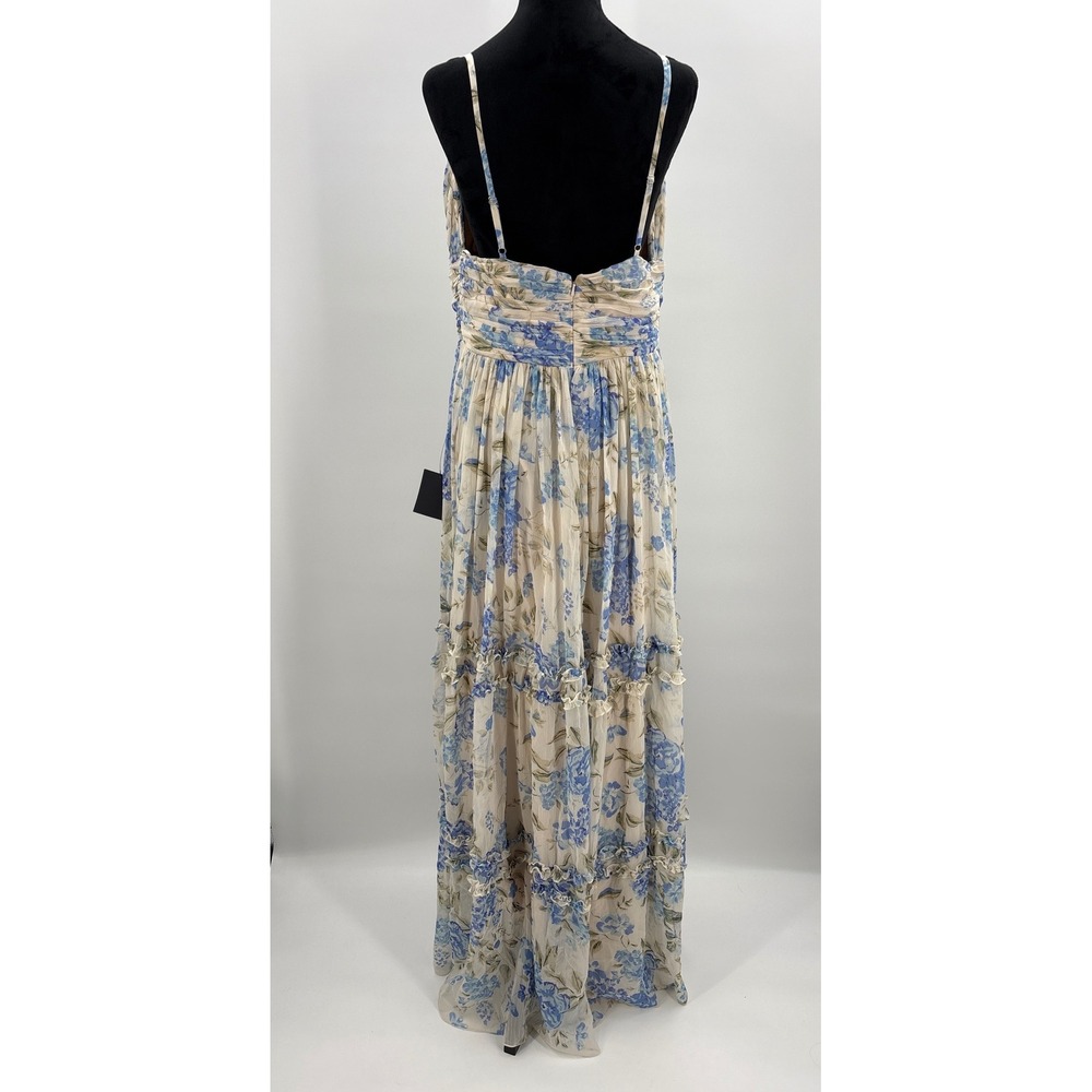 Lulus Niora Beige and Blue Floral Pleated Tiered Maxi Dress XL NEW - Picture 7 of 12